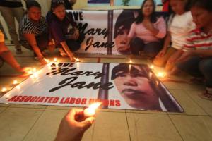 Philippine labor unions stand behind Veloso. Members of associated labor unions in the Philippines stand vigil for Mary Jane Veloso on International Workers's Memorial Day on Tuesday, April 28. Analy Labor